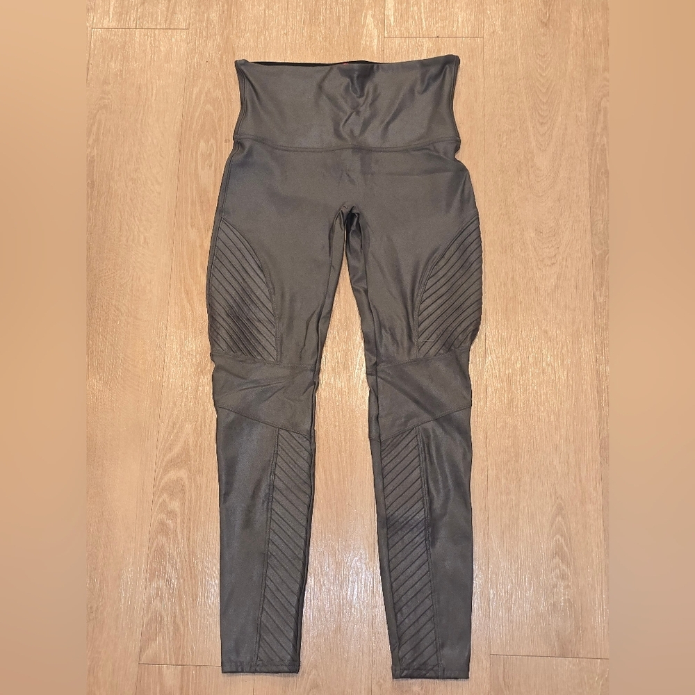 Spanx Faux Leather Moto Green Gunmetal Shaping Stretch Pants Jeggings XL
